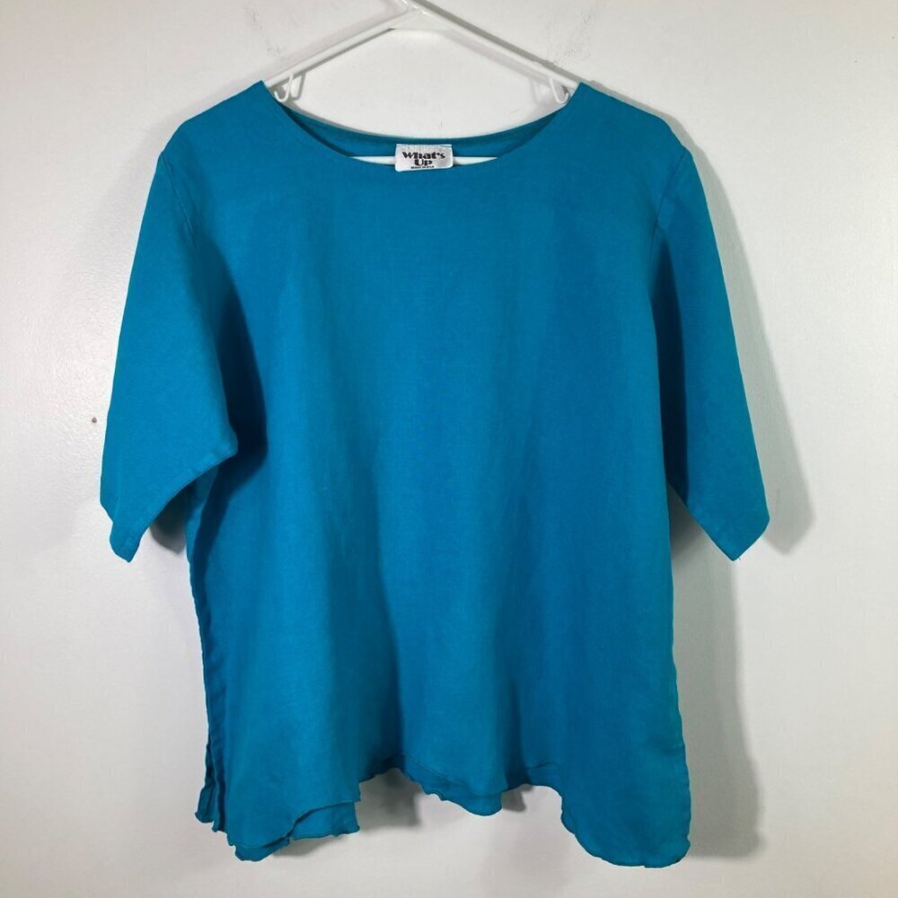 Womens Whats Up‎ Linen Tunic Top Short Sleeve Turquoise L